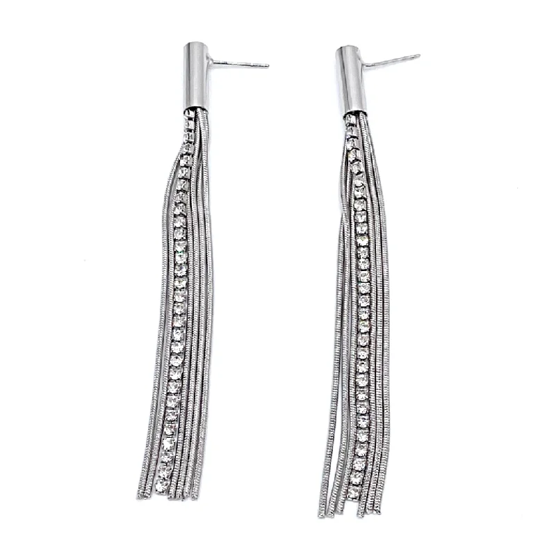 Solid statement earrings-Rhodium Plated Chain and Stone Drop Earrings