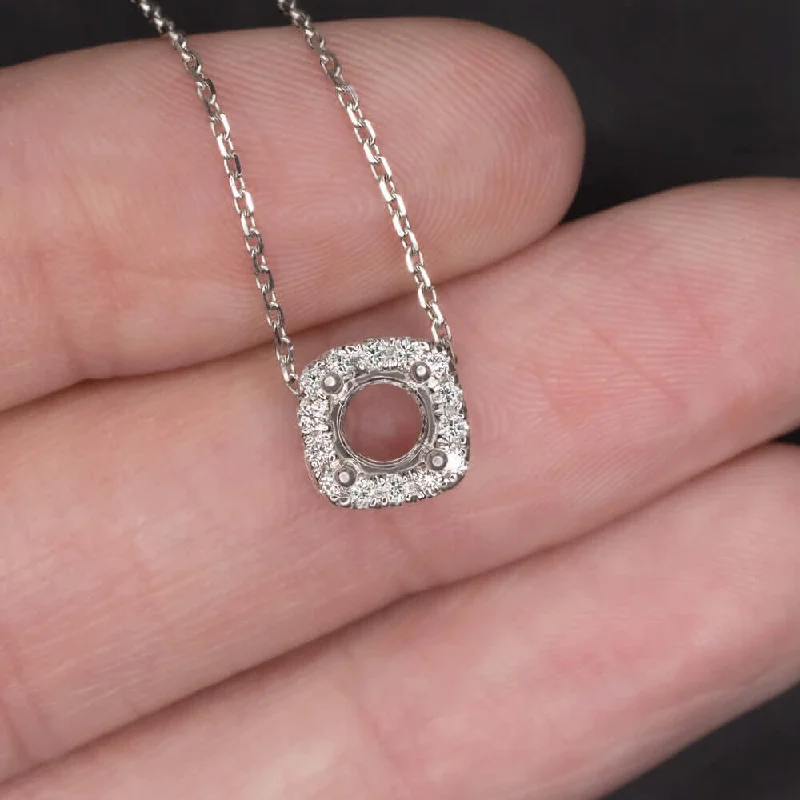 Tide pattern necklaces-DIAMOND PENDANT 5mm ROUND SETTING CUSHION SEMI MOUNT HALO NECKLACE WHITE GOLD