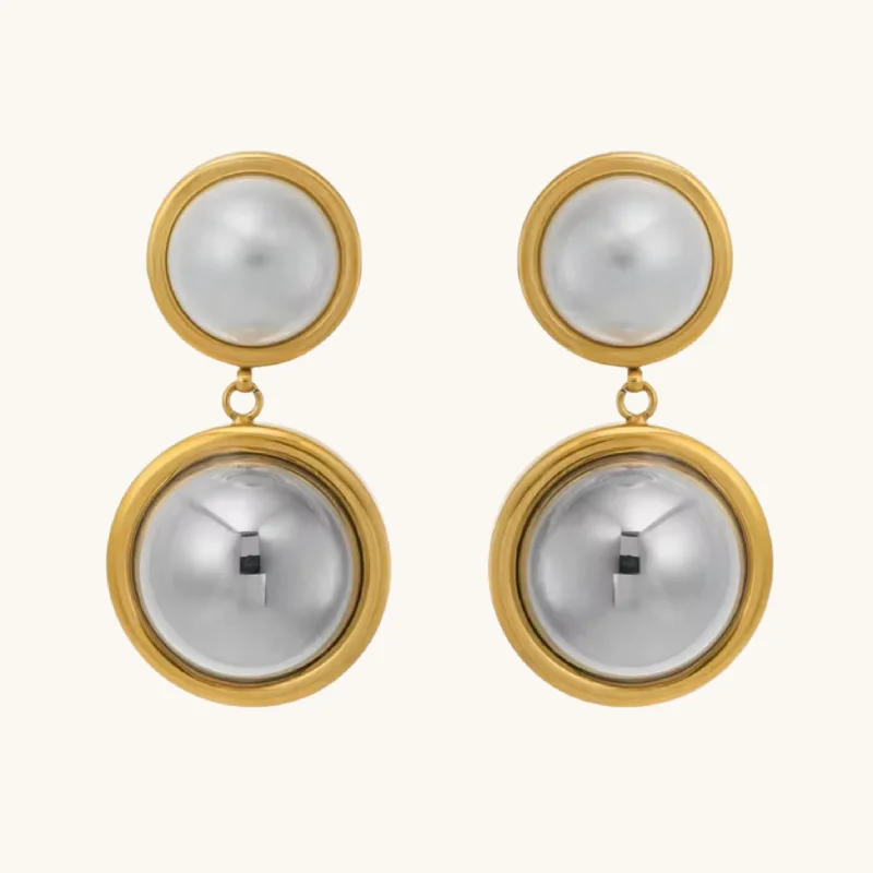 Glossy gold earrings-Pearl Metal Button Drop Earrings