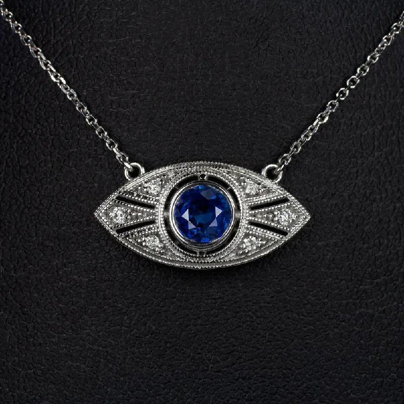 Oval pendant necklaces-VINTAGE STYLE SAPPHIRE DIAMOND PENDANT ART DECO 18 INCH NECKLACE ROUND CUT BLUE