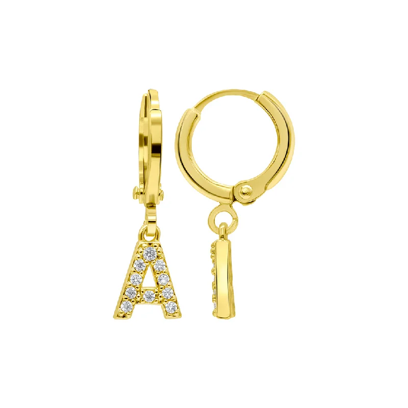 Thick dangle earrings-14k Gold Plated Initial Pave Huggie Hoop Earrings