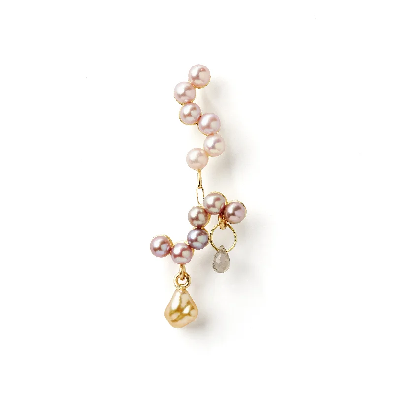 Fine Curves 18K Gold Earring w. pink Pearls & green Sapphire