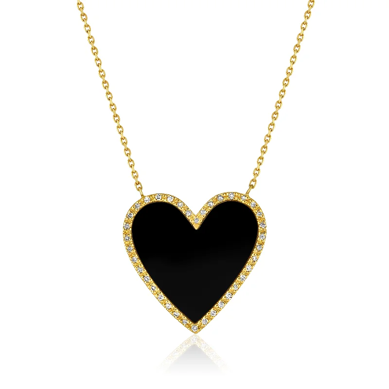 Glossy enamel necklaces-Black Onyx Heart with Diamond Halo Necklace