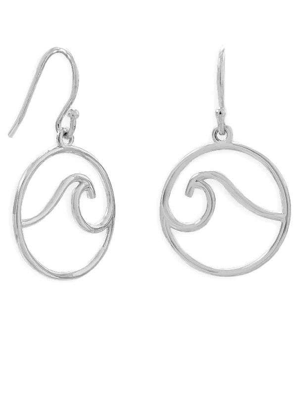 Cotton cord earrings-Dangle Circle with Wave Earrings Rhodium on Sterling Silver - Nontarnish