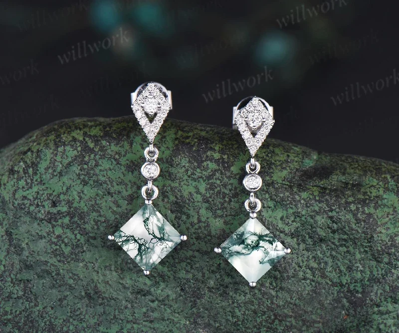 Alloy metal earrings-1ct princess cut natural moss agate earrings women 14k white gold bezel kite halo diamond drop earrings antique anniversary gift for her