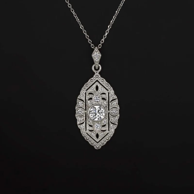 Vivid gem necklaces-0.47ct NATURAL DIAMOND VINTAGE STYLE PENDANT ART DECO NECKLACE DROP WHITE GOLD