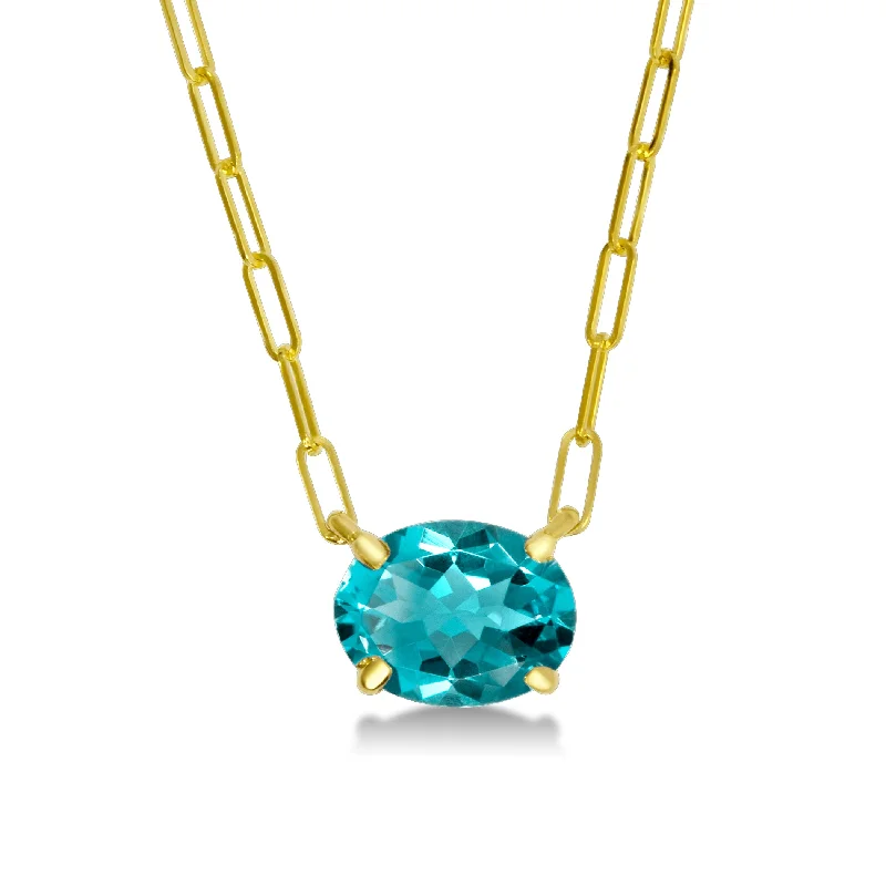 Agate gem necklaces-Oval Blue Topaz Paperclip Necklace in 14K Yellow Gold