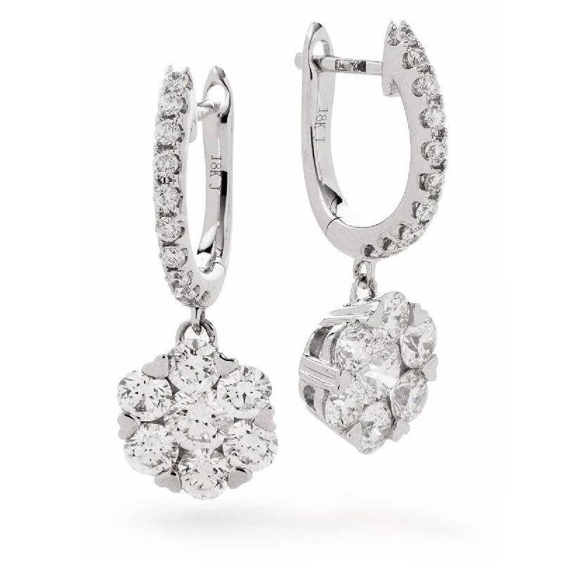 Fox wing earrings-DIAMOND CLUSTER HOOP DROP EARRINGS IN 18K WHITE GOLD