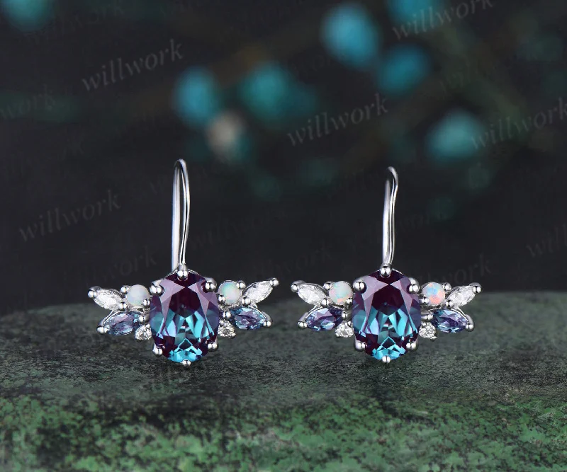 Antique clip earrings-Oval cut alexandrite Stud Earrings white gold cluster opal moissanite Earrings women anniversary gifts