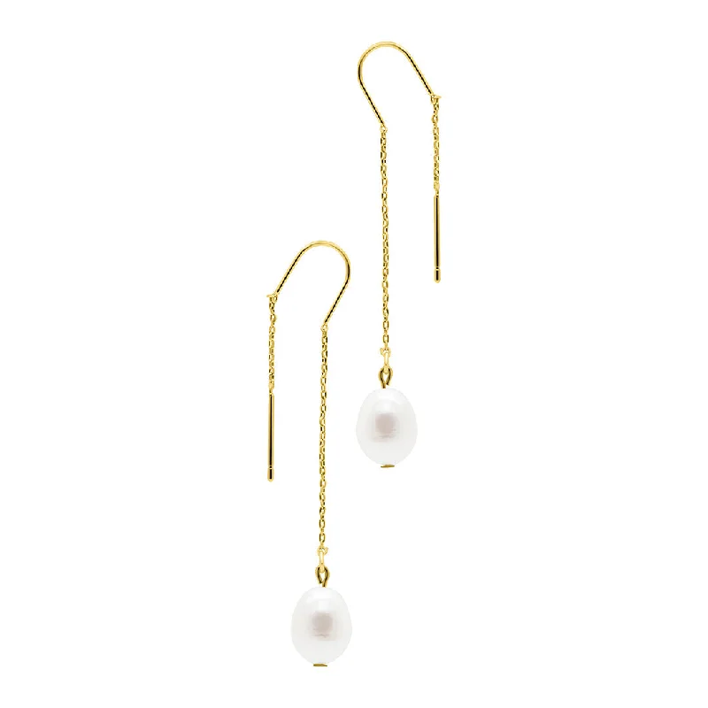 Fine heart earrings-14k Gold Plated Threader Earrings with Freshwater Pearl