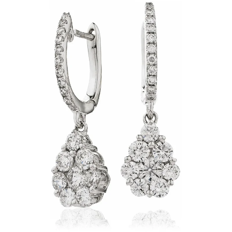 Tiered drop earrings-DIAMOND CLUSTER FANCY DROP EARRINGS IN 18K WHITE GOLD