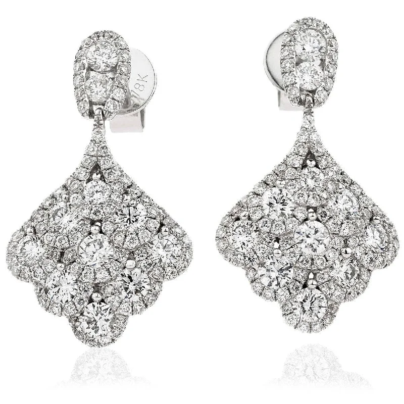 Half moon earrings-DIAMOND CLUSTER PEACOCK DROP EARRINGS IN 18K WHITE GOLD