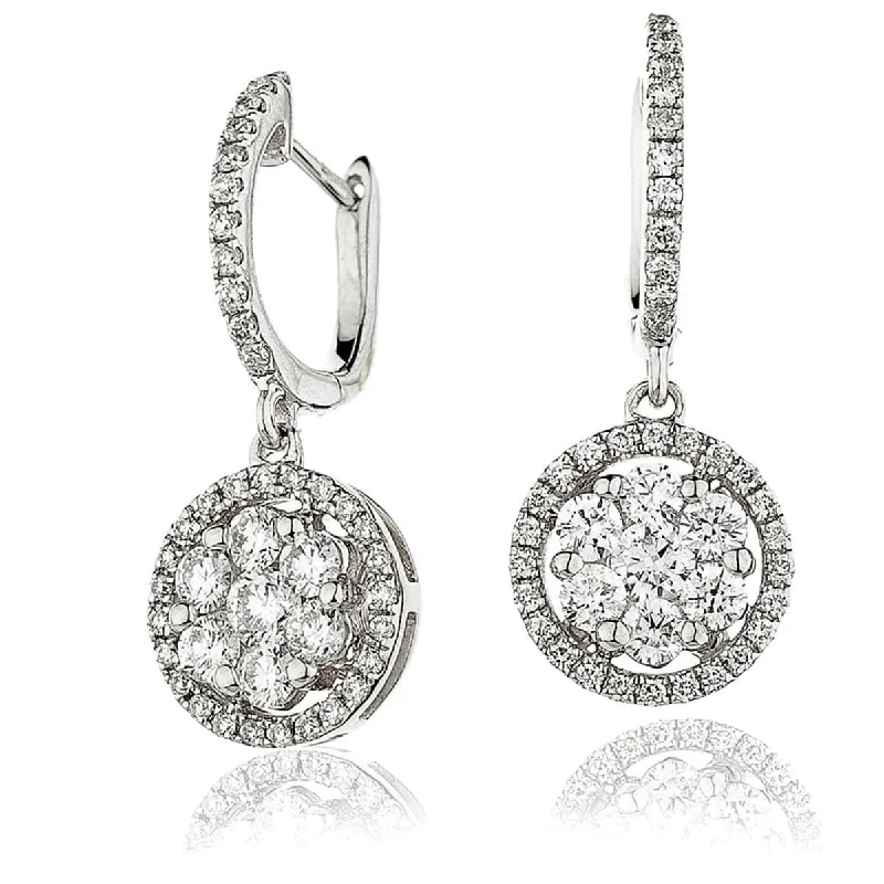 Spirit eye earrings-DIAMOND CLUSTER HALO DROP HOOP EARRING IN 18K WHITE GOLD