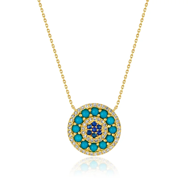 Delicate charm necklaces-Turquoise, Sapphire & Diamond Round Necklace