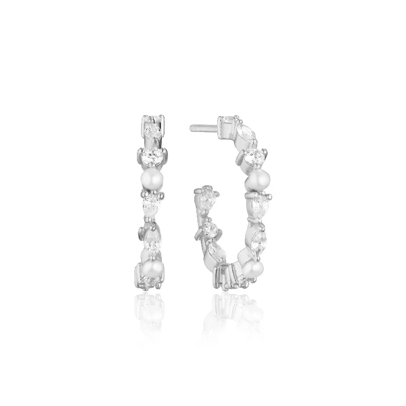 Adria Creolo Medio Silver Hoops w. White Zirconias & Pearls