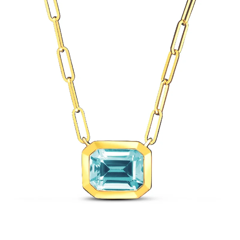 Polished name necklaces-Emerald Cut Blue Topaz Paperclip Necklace in 14K Yellow Gold