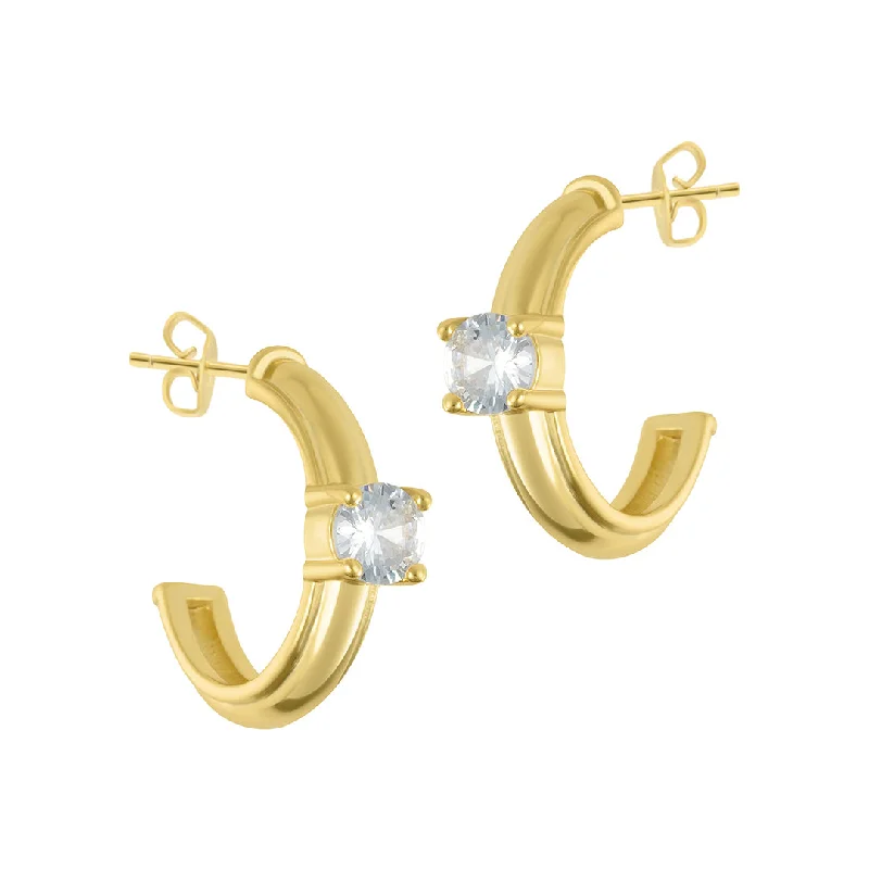 Bamboo style earrings-14k Gold Plated Hoops with Clear Crystal Stone