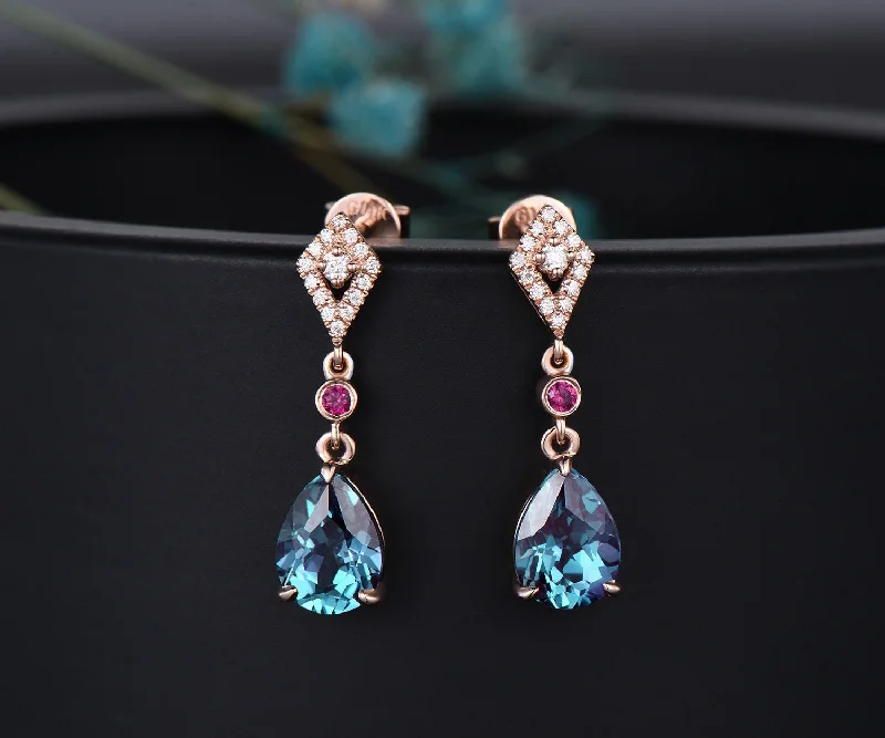 Tiered drop earrings-Vintage pear cut Alexandrite earrings women solid 14k rose gold dainty kite halo diamond bezel ruby drop earrings anniversary gift for her