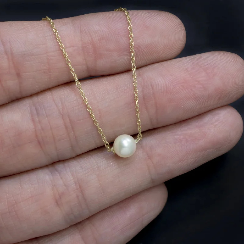 Vintage locket necklaces-PEARL 14k YELLOW GOLD NECKLACE DAINTY SIMPLE CLASSIC EVERYDAY PENDANT 16 INCH