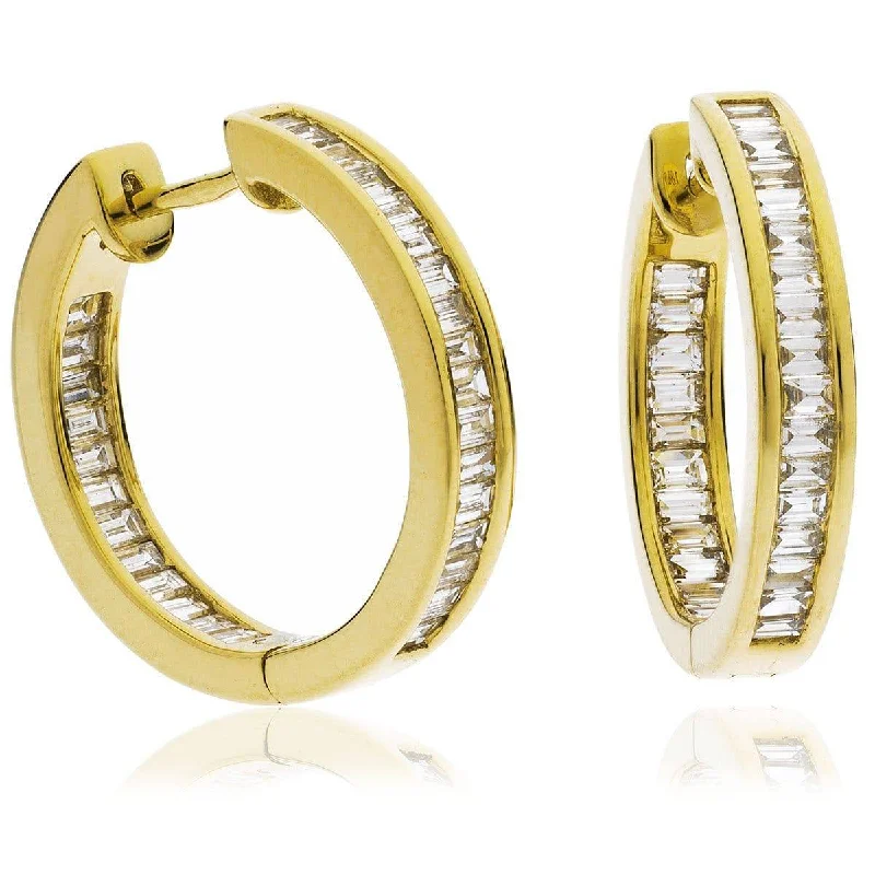 Glossy enamel earrings-BAGUETTE CUT DIAMOND CHANNEL SET HOOP EARRINGS IN 18K YELLOW GOLD