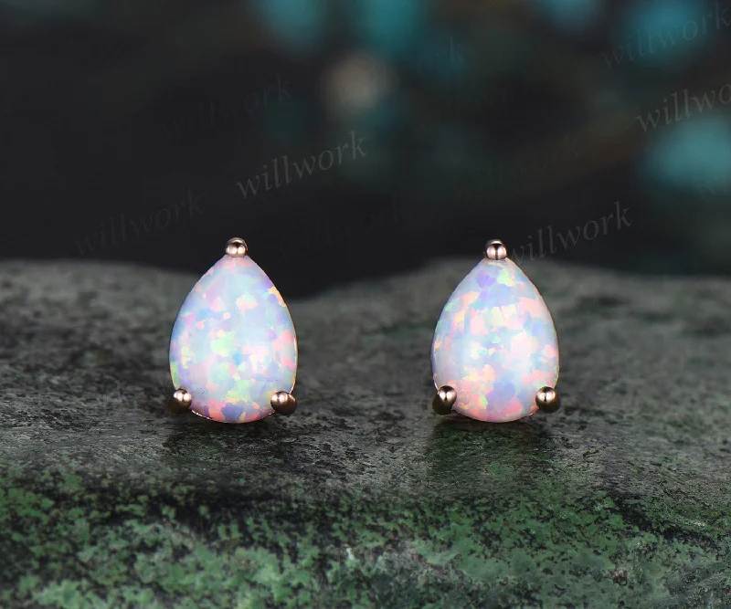 Topaz earrings-Pear shaped white opal earrings solid 14k rose gold Solitaire drop earrings women anniversary gift for her