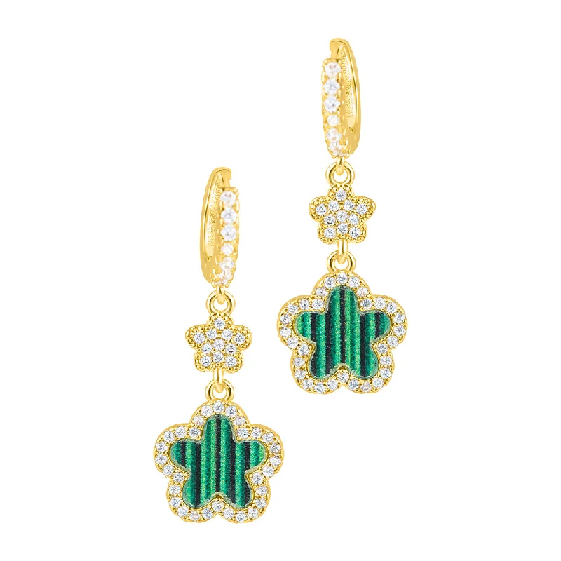 Soft drop earrings-14k Yellow Gold Plated Green CZ Clover Earrings