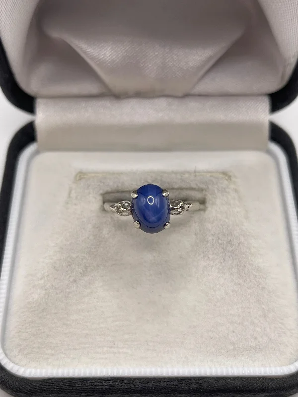 Wide cocktail rings-14ct white gold star sapphire and diamond ring