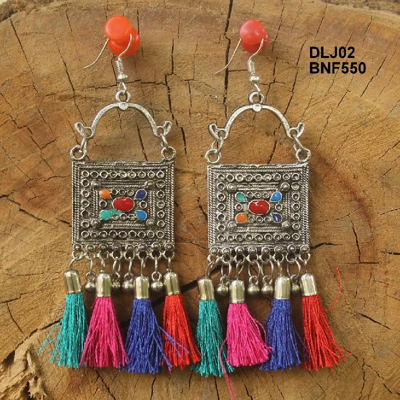 Bead stack rings-German Silver Tassel Dangler Earring Multicolor