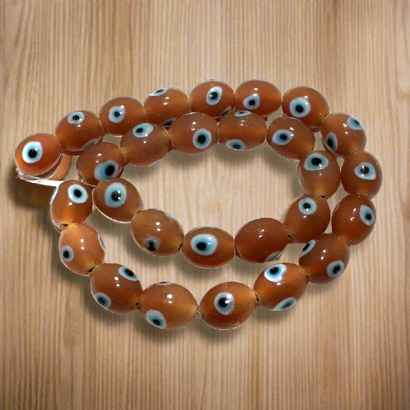 Flat design rings-1 String, 14x12mm Peach Evil Eye Glass Beads Oval