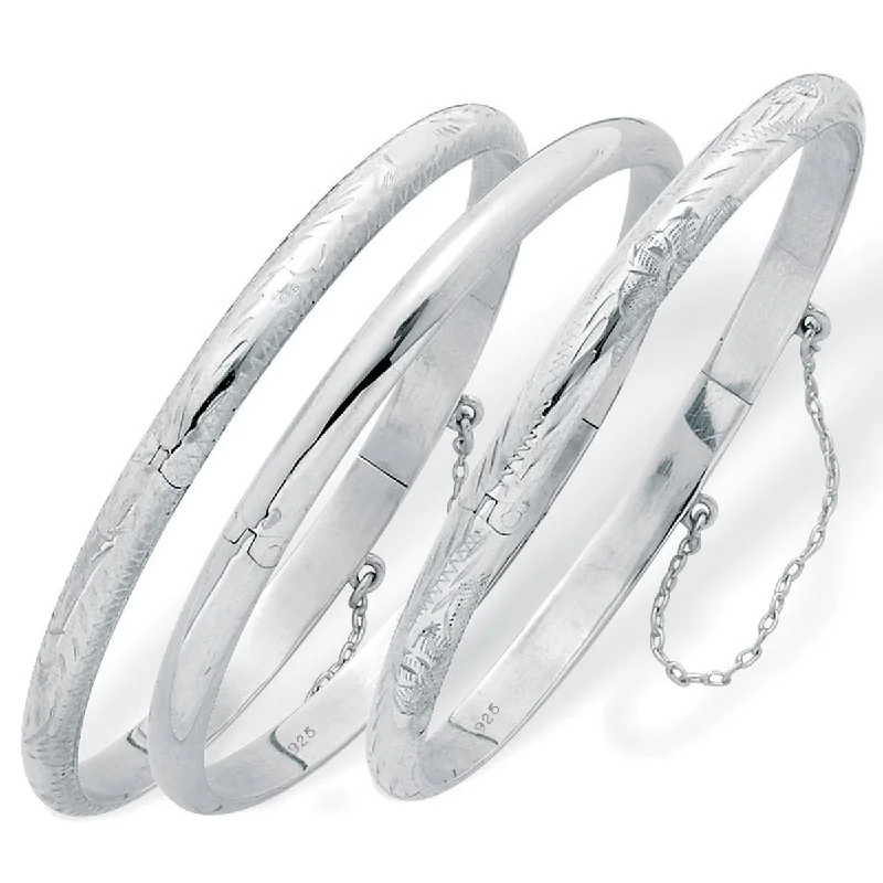 Shiny modern bangles-Polished, Engraved and Floral Three-Piece Bangle Set in .925 Sterling Silver