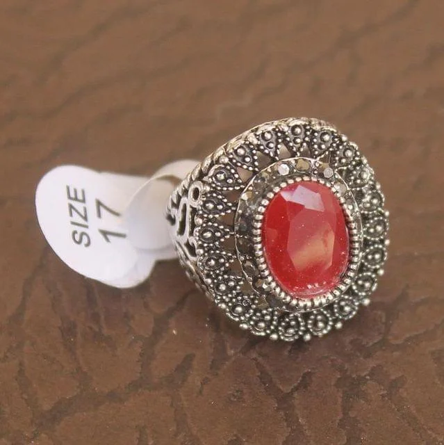 Wide cocktail rings-Victorian Finger Ring Red, Size 17