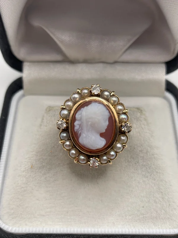 Fine thread rings-Antique 14ct gold cameo, pearl and diamond ring