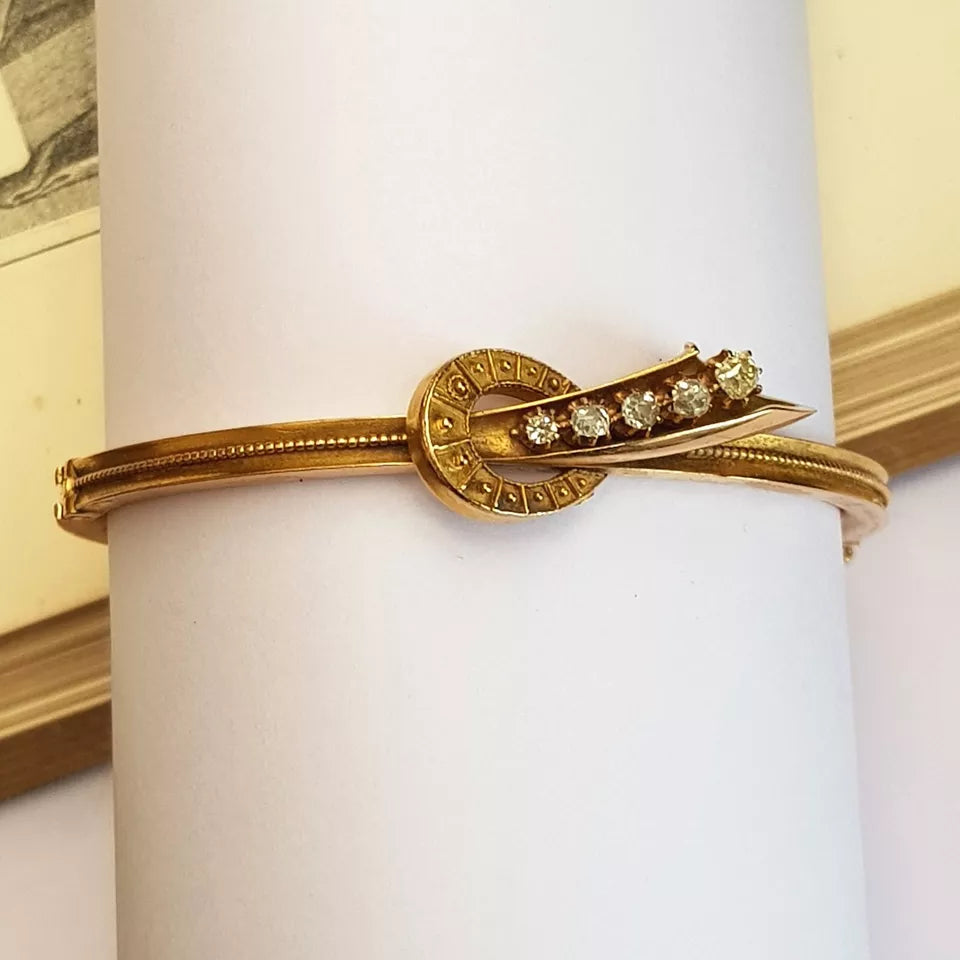 Cord wrap bangles-18k Gold Diamond Comet Tail Through Horse Shoe Bangle Antique Victorian circa 1880