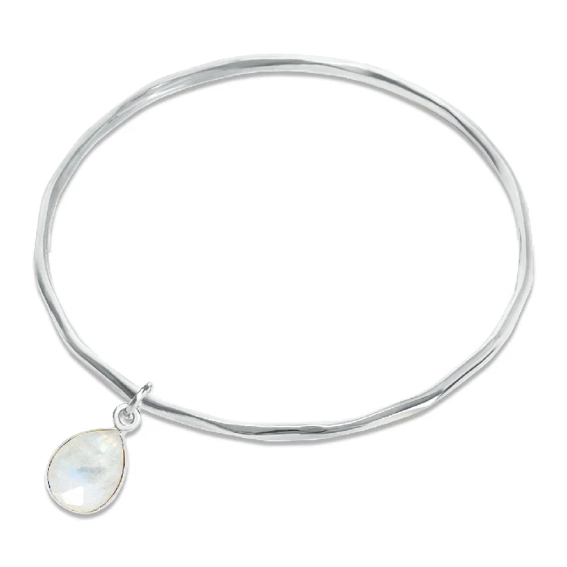 Glossy silver bangles-White Quartz Charm Bangle | Silver - April