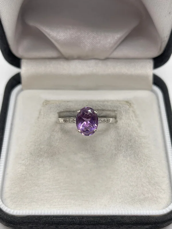 Pure modern rings-9ct white gold amethyst and diamond ring