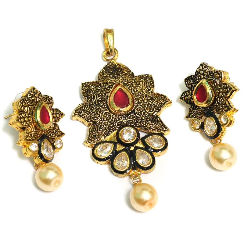 Fluid art rings-Kundan Pendant With Earring Set