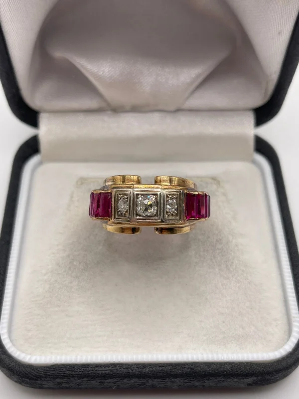 Thick band rings-14ct gold synthetic ruby and diamond tank ring