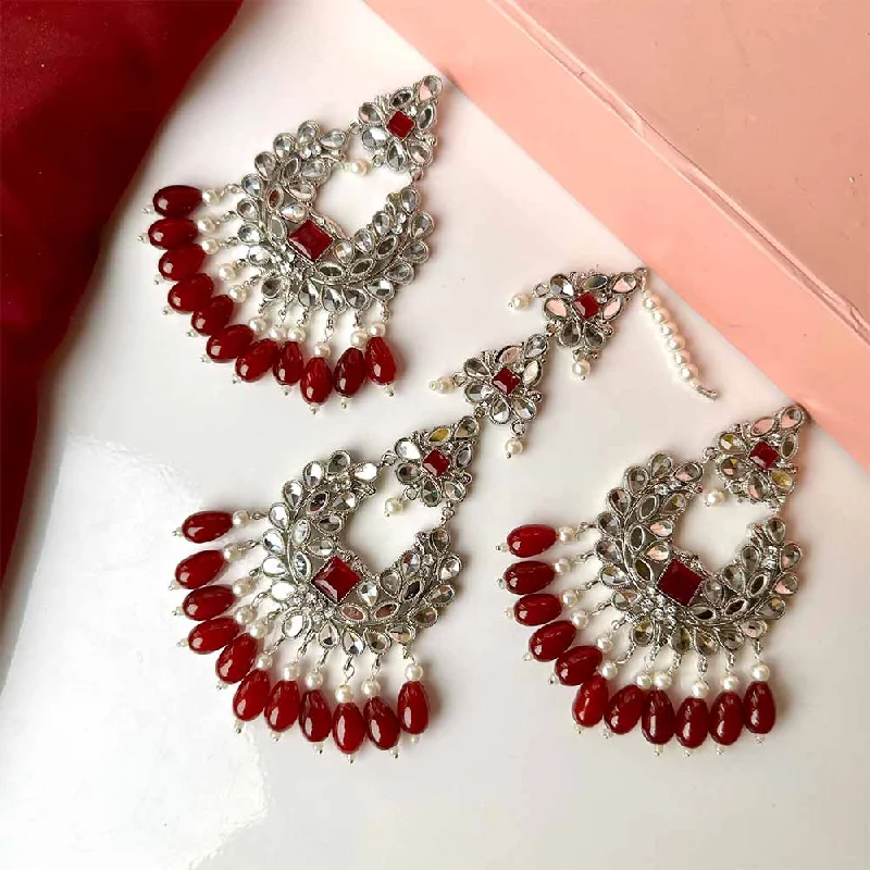 Thick band rings-Ishaal Silver (Maroon) Earring/Teeka Set