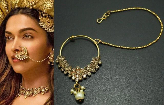 Wide gold rings-Gold Plated Bridal Jewellery Nose Ring Nath with Long Chain