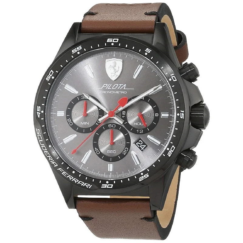 Light strap watches-Ferrari Men's 830392 Pilota Chronograph Brown Leather Watch