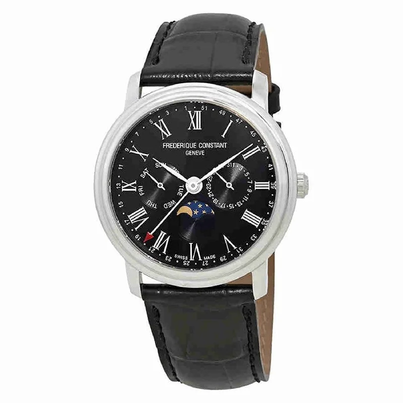 Chic strap watches-Frederique Constant Men's FC-270BR4P6 Classics Moonphase display at 6 o'clock position Black Leather Watch