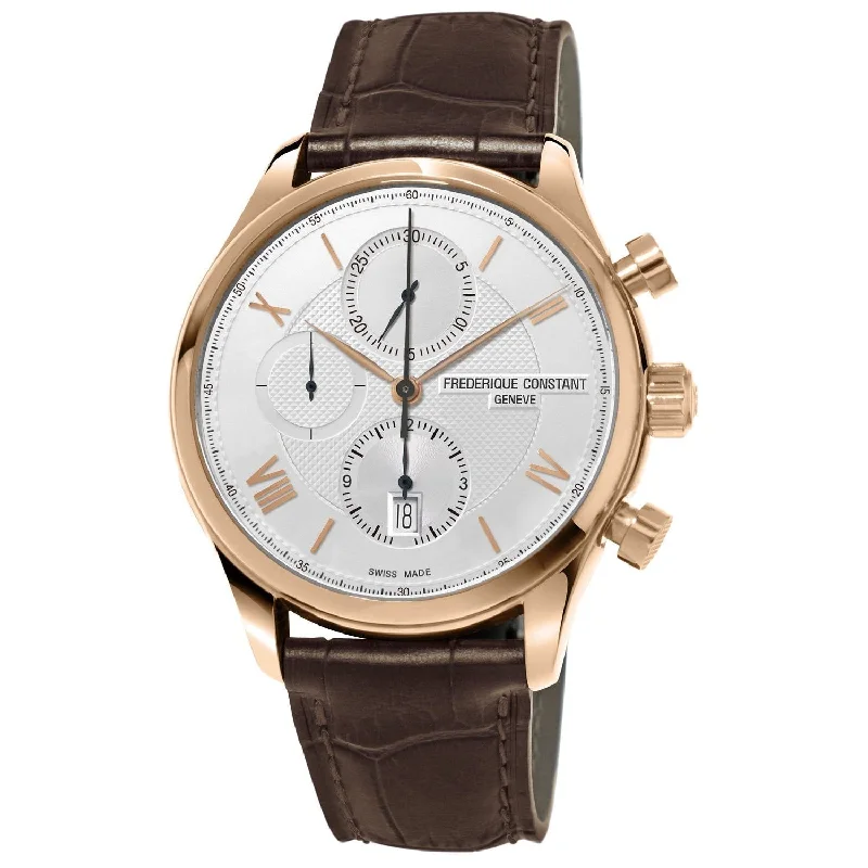 Light dial watches-Frederique Constant Men's FC-392MV5B4 Horological SmartWatch Chronograph Brown Leather Watch