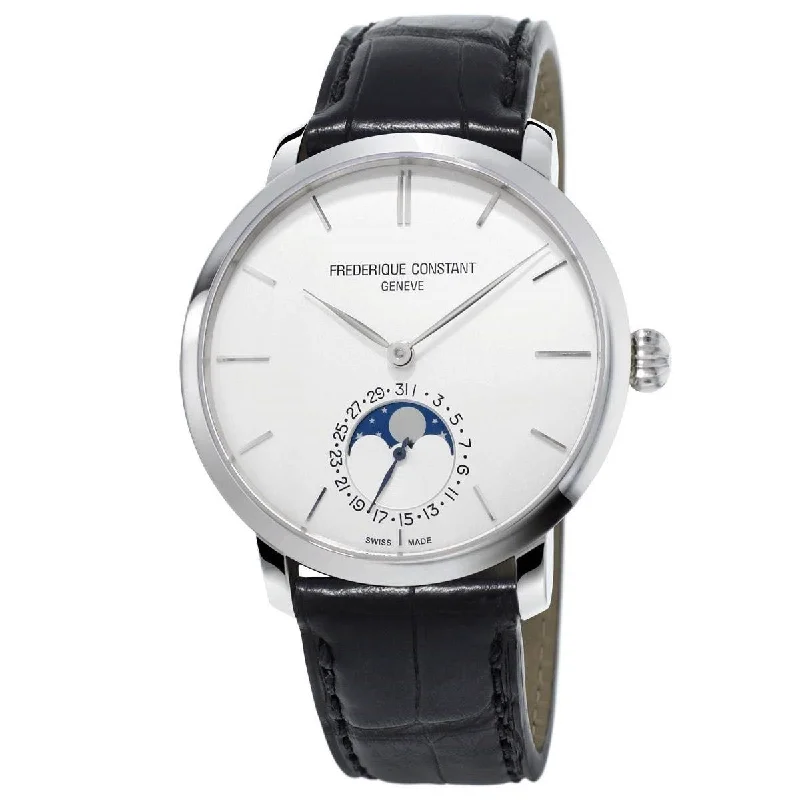 Pearl bezel watches-Frederique Constant Men's FC705S4S6 Slimline Moonphase Black Leather Watch