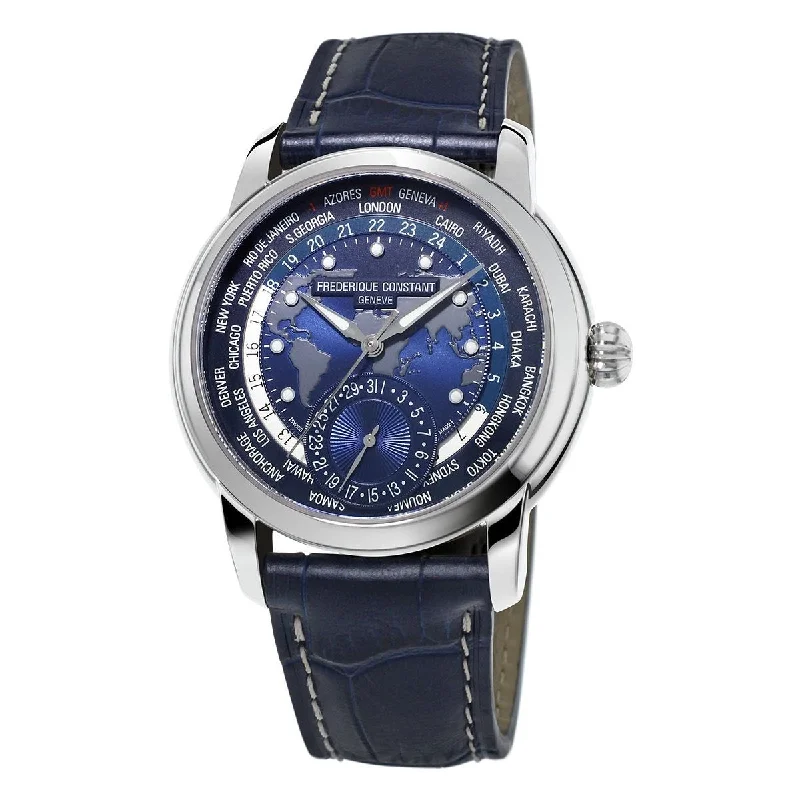 Thin band watches-Frederique Constant Men's FC718NWM4H6 Worldtimer Blue Leather Watch