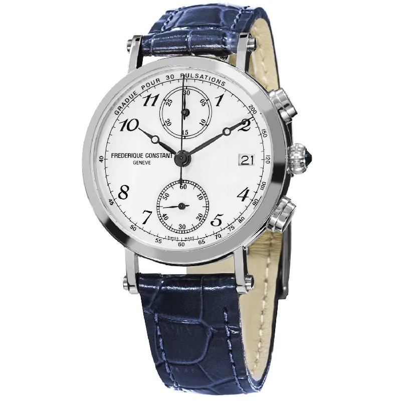 Square strap watches-Frederique Constant Women's FC-291A2R6 Classic Chronograph Blue Leather Watch