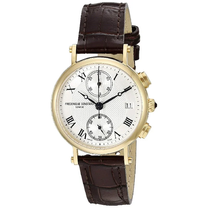 Thick rim watches-Frederique Constant Women's FC-291MC2R5 Classic Chronograph Brown Leather Watch