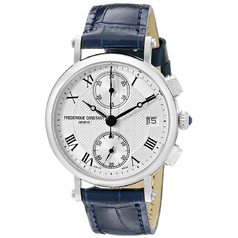 Light strap watches-Frederique Constant Women's FC-291MC2R6 Classic Chronograph Blue Leather Watch