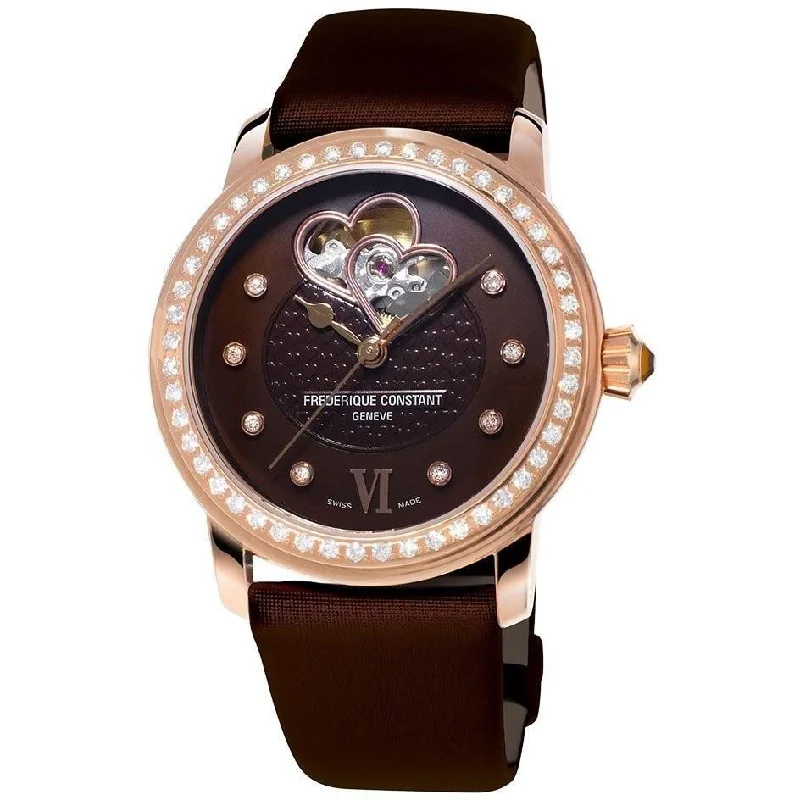 Crystal band watches-Frederique Constant Women's FC-310CDHB2PD4 Double Heart Beat Brown Satin Watch