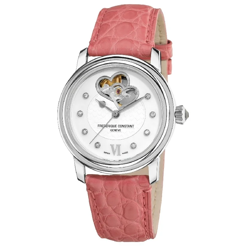 Handmade strap watches-Frederique Constant Women's FC-310DHB2P6 Heartbeat Diamond Pink Leather Watch