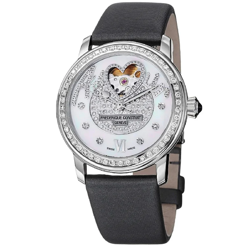 Stone strap watches-Frederique Constant Women's FC310SQPV2PD6 Heartbeat Diamond Grey Satin Watch